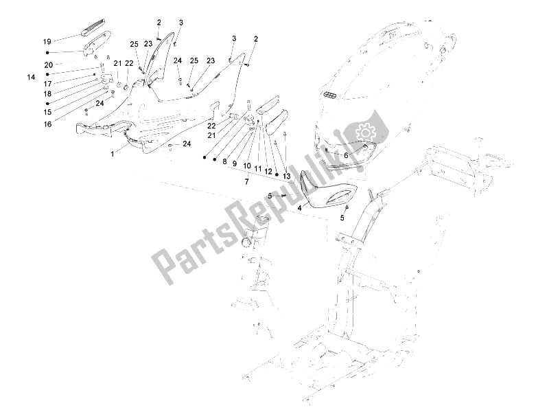 Tutte le parti per il Copertura Centrale - Poggiapiedi del Piaggio Liberty 150 4T E3 MOC 2009