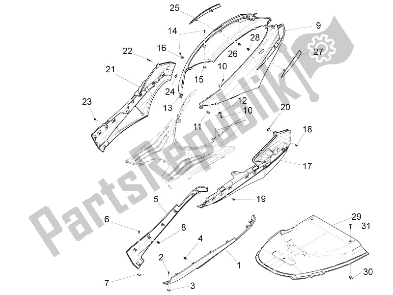 Alle onderdelen voor de Zijdeksel - Spoiler van de Piaggio FLY 150 4T 3V IE USA 2016