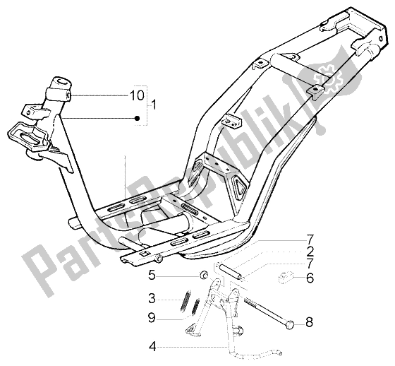 All parts for the Chasis-central Stand of the Piaggio FLY 150 4T 2004