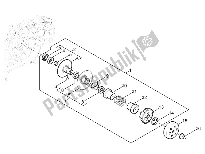 All parts for the Driven Pulley of the Piaggio Typhoon 50 2T E3 CH 2011
