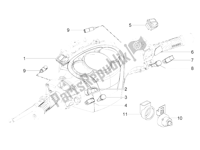 All parts for the Selectors - Switches - Buttons of the Piaggio BV 350 4T 4V IE E3 USA CA 2012