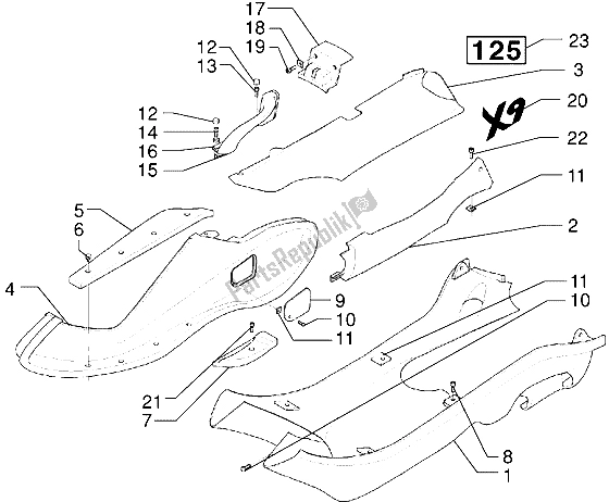 All parts for the Side Coverings-spoiler of the Piaggio X9 125 2000