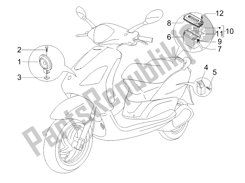 Todas las partes para Interruptores De Control Remoto - Batería - Bocina de Piaggio FLY 50 2T 25 KMH B NL 2005