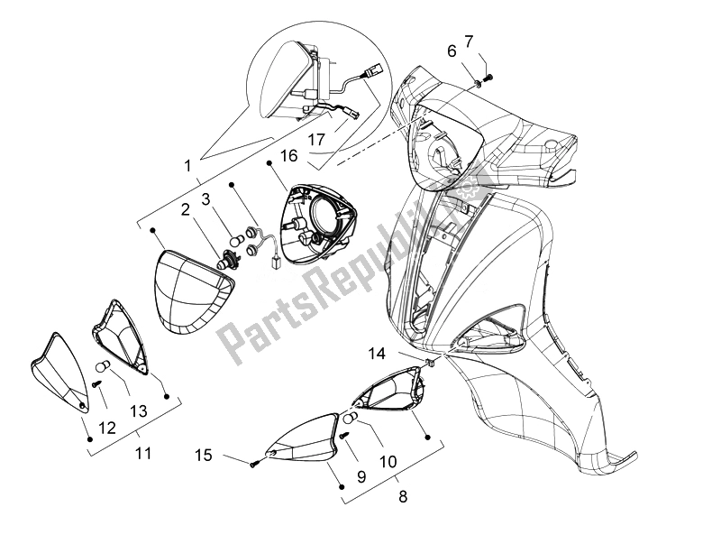 Toutes les pièces pour le Phares Avant - Clignotants du Piaggio Liberty 125 4T PTT E3 E 2007