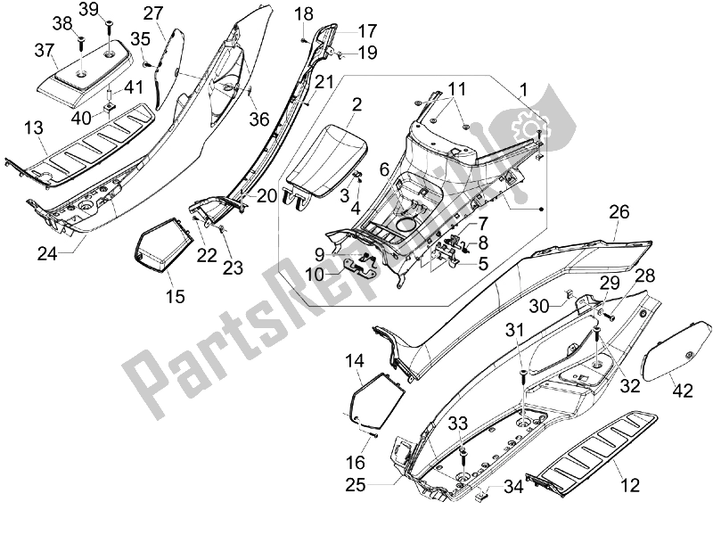 All parts for the Central Cover - Footrests of the Piaggio MP3 300 4T 4V IE ERL Ibrido 2010