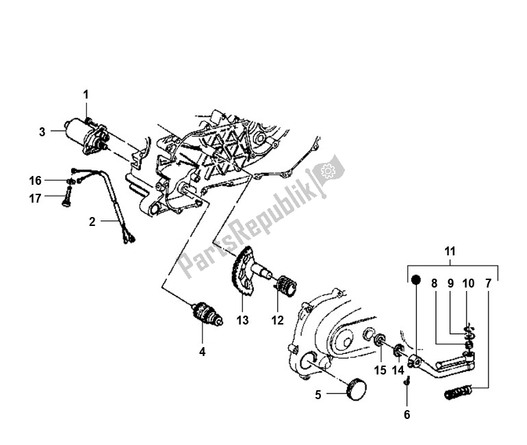 All parts for the Startmotor/kickstarter of the Piaggio 2000 2T AC ZIP 50 2000 - 2010