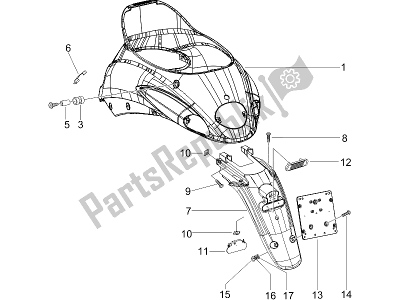 Toutes les pièces pour le Capot Arrière - Protection Contre Les éclaboussures du Piaggio Liberty 125 4T 2V IE PTT I 2012