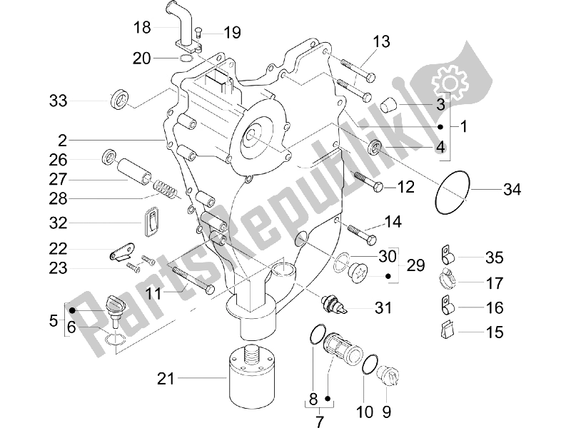 All parts for the Flywheel Magneto Cover - Oil Filter of the Piaggio X9 500 Evolution 2006