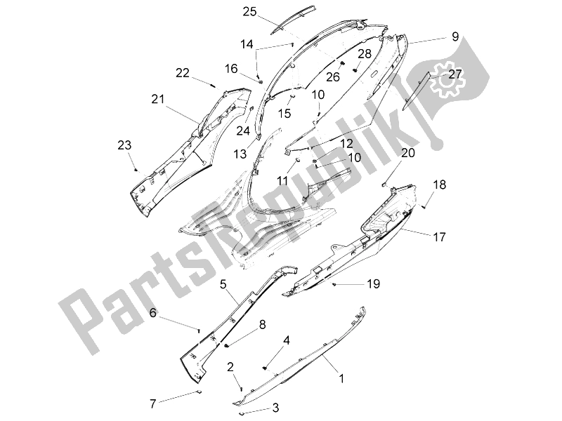 Toutes les pièces pour le Couvercle Latéral - Spoiler du Piaggio FLY 125 4T E3 Vietnam 2012