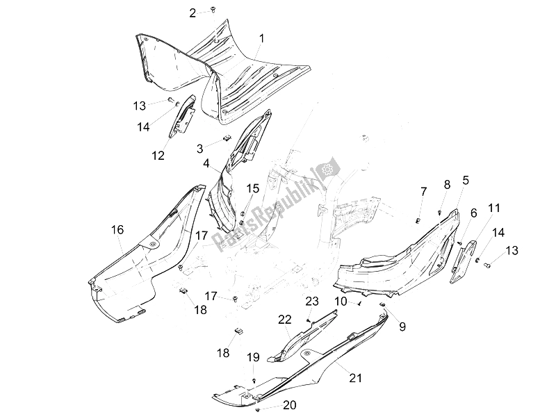 Alle onderdelen voor de Centrale Afdekking - Voetsteunen van de Piaggio Liberty 50 Iget 4T 3V EU 2015