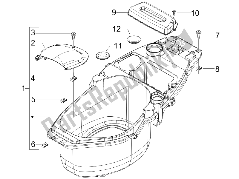 Toutes les pièces pour le Logement De Casque - Sous La Selle du Piaggio FLY 125 4T E3 2009