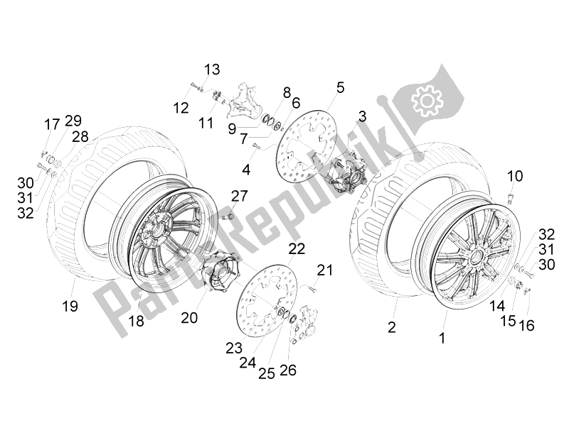 All parts for the Front Wheel of the Piaggio MP3 300 4T 4V IE ERL Ibrido 2010