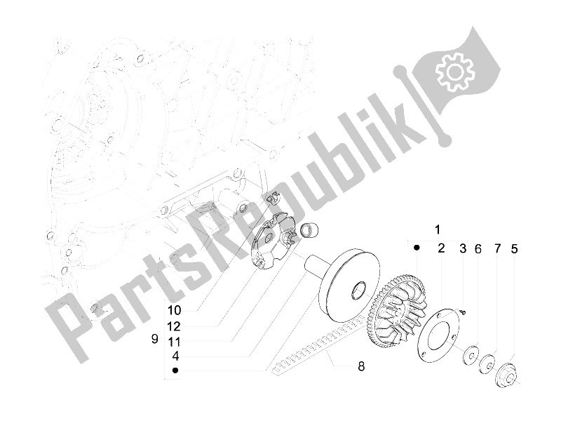 All parts for the Driving Pulley of the Piaggio FLY 150 4T E2 E3 Vietnam 2012