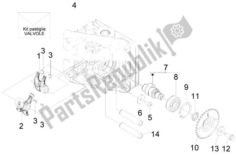 All parts for the Rocking Levers Support Unit of the Piaggio FLY 50 4T 4V USA 2 2014