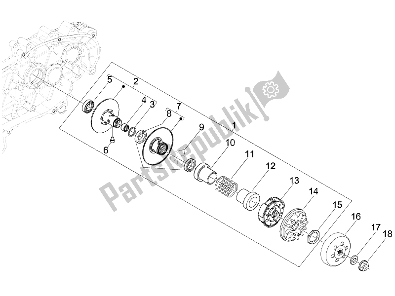 All parts for the Driven Pulley of the Piaggio Beverly 125 Tourer E3 2007