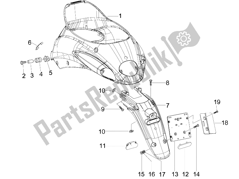 Toutes les pièces pour le Capot Arrière - Protection Contre Les éclaboussures du Piaggio Liberty 150 4T E3 2008