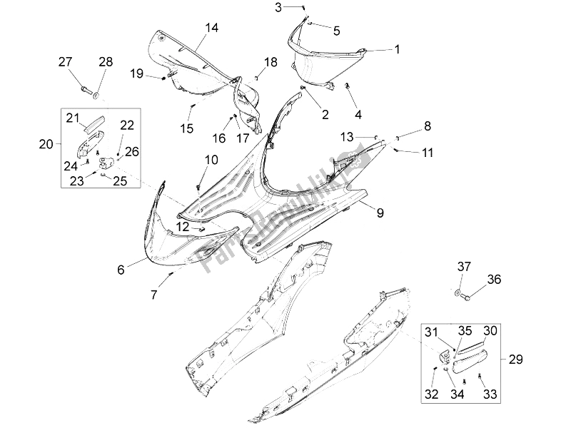 Toutes les pièces pour le Housse Centrale - Repose-pieds du Piaggio FLY 50 4T 4V USA 2 2014