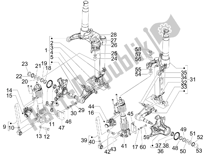 Todas las partes para Componente Della Forcella (mingxing) de Piaggio MP3 300 4T 4V IE LT Ibrido 2010