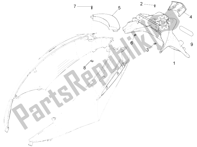 Toutes les pièces pour le Capot Arrière - Protection Contre Les éclaboussures du Piaggio FLY 125 4T 3V IE E3 LEM 2012