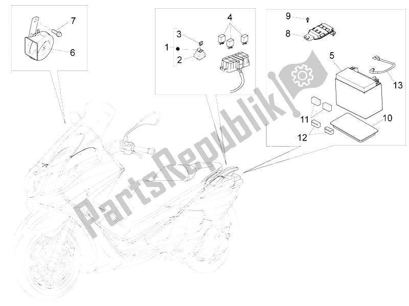 Toutes les pièces pour le Télécommandes - Batterie - Klaxon du Piaggio X 10 350 4T 4V I E E3 2012