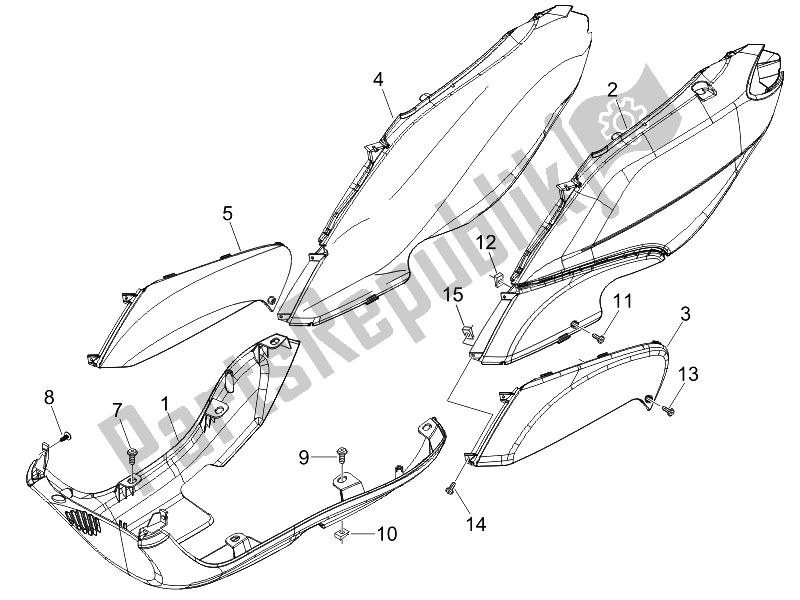 All parts for the Side Cover - Spoiler (2) of the Piaggio FLY 150 4T USA 2007