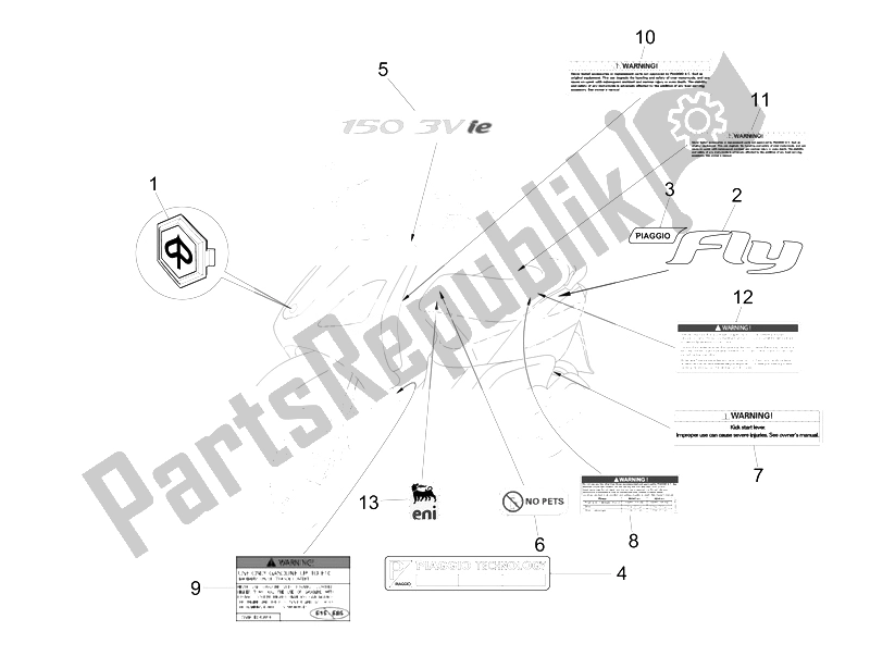 All parts for the Plates - Emblems of the Piaggio FLY 150 4T 3V IE USA 2014