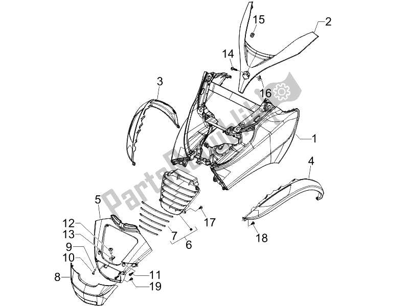 All parts for the Front Shield of the Piaggio MP3 400 IE 2007