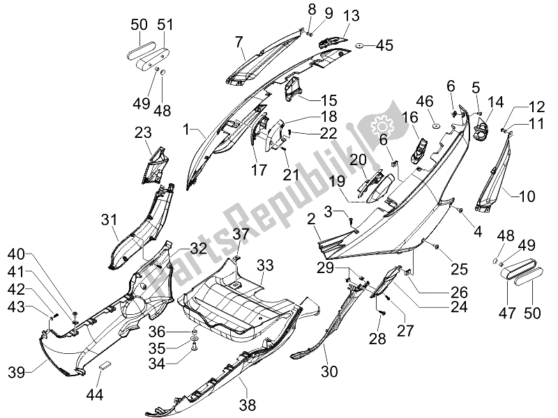 Alle onderdelen voor de Zijdeksel - Spoiler van de Piaggio MP3 500 Sport USA 2010