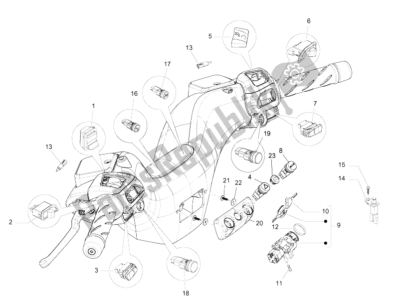 Alle onderdelen voor de Keuzeschakelaars - Schakelaars - Knoppen van de Piaggio MP3 300 4T 4V IE LT Ibrido 2010
