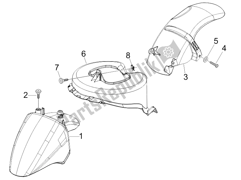 All parts for the Wheel Huosing - Mudguard of the Piaggio FLY 100 4T 2008