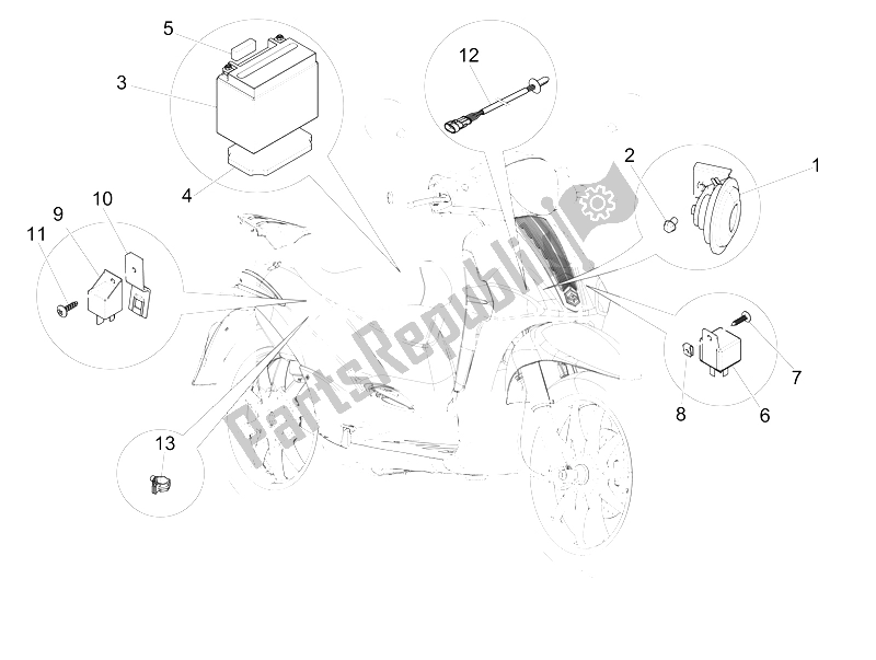 Toutes les pièces pour le Télécommandes - Batterie - Klaxon du Piaggio Liberty 150 4T E3 MOC 2009