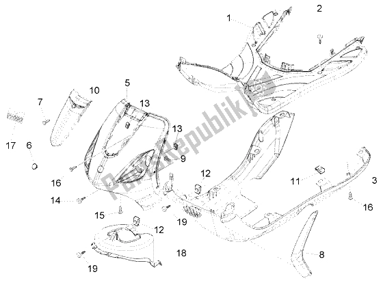 All parts for the Front Shield-foot Board-spoiler of the Piaggio FLY 125 4T 2004