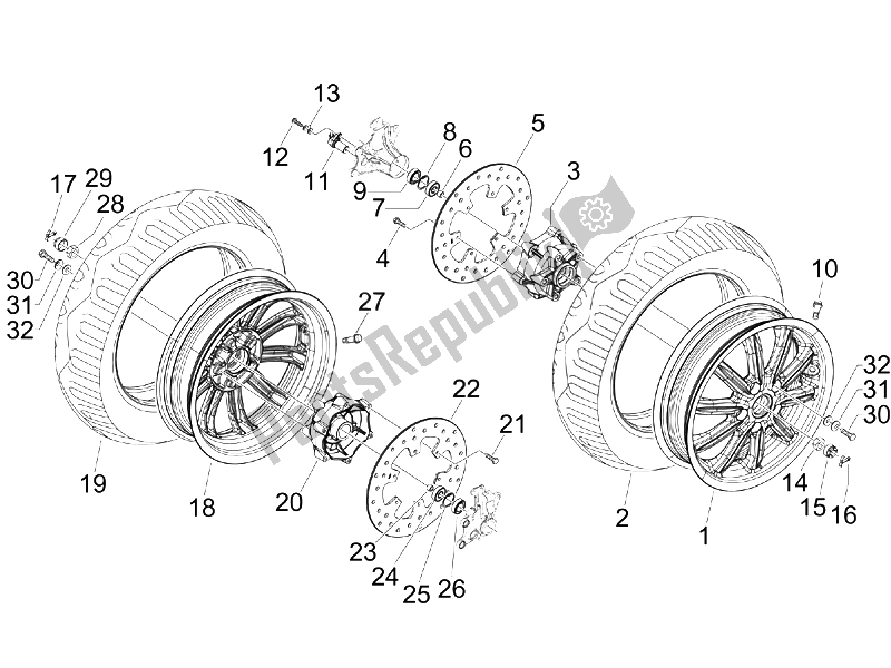 All parts for the Front Wheel of the Piaggio MP3 400 IE MIC 2008