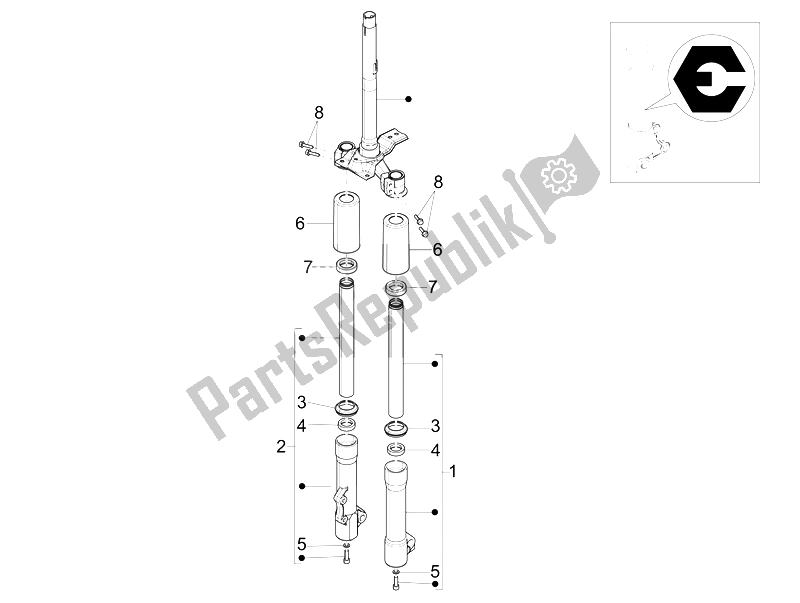 Toutes les pièces pour le Composants De La Fourche (escortes) du Piaggio Liberty 125 4T 3V IE E3 Vietnam 2014