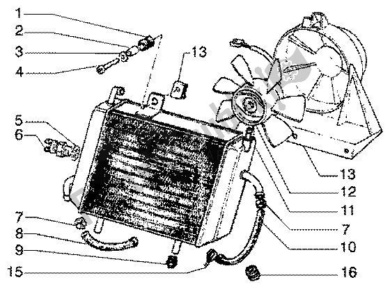 All parts for the Coolant Radiator of the Piaggio Super Hexagon GTX 125 2003