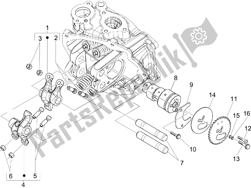 All parts for the Rocking Levers Support Unit of the Piaggio Beverly 125 E3 2007