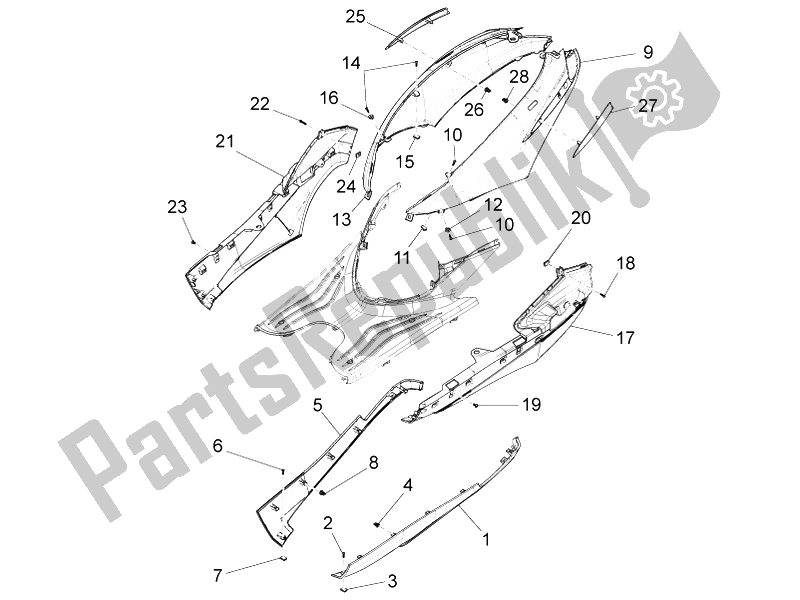 Todas as partes de Tampa Lateral - Spoiler do Piaggio FLY 125 4T 3V IE Vietnam 2014