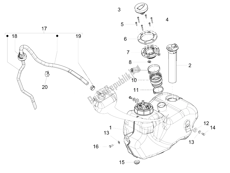 All parts for the Fuel Tank of the Piaggio Beverly 350 4T 4V IE E3 Sport Touring 2014