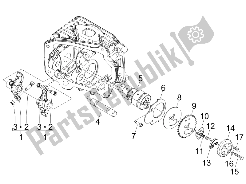 All parts for the Rocking Levers Support Unit of the Piaggio FLY 150 4T E3 2008