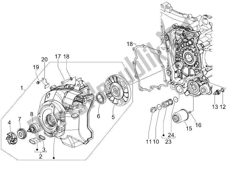 All parts for the Flywheel Magneto Cover - Oil Filter of the Piaggio Beverly 250 IE E3 2006