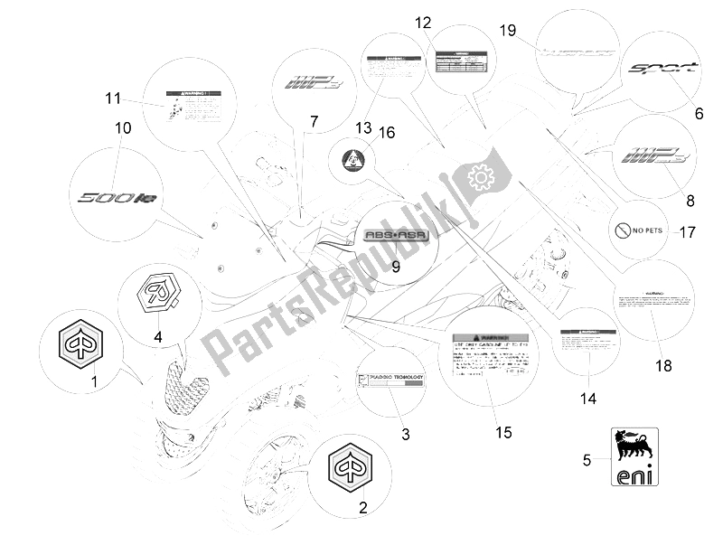 Todas as partes de Placas - Emblemas do Piaggio MP3 500 Sport Business ABS USA 2015