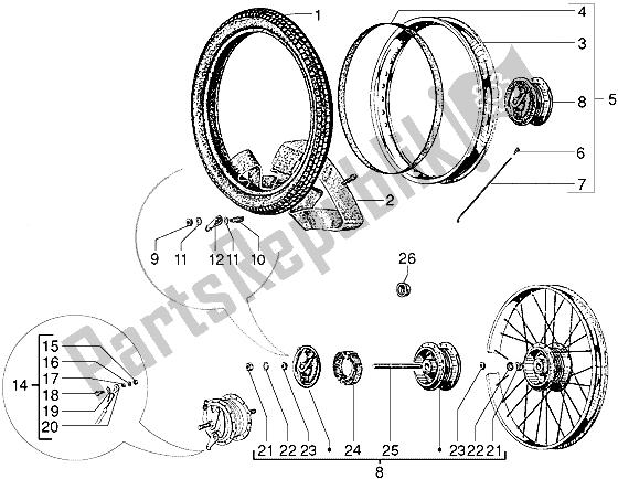 All parts for the Front Wheel (25 Kmh Version) of the Piaggio Ciao 50 2002