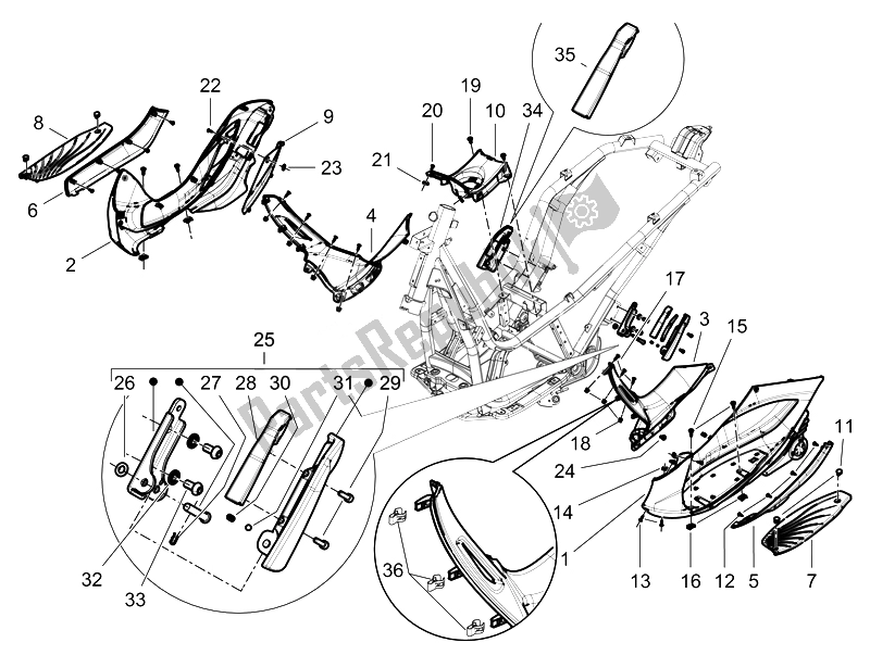 Toutes les pièces pour le Housse Centrale - Repose-pieds du Piaggio Beverly 125 RST 4T 4V IE E3 2010