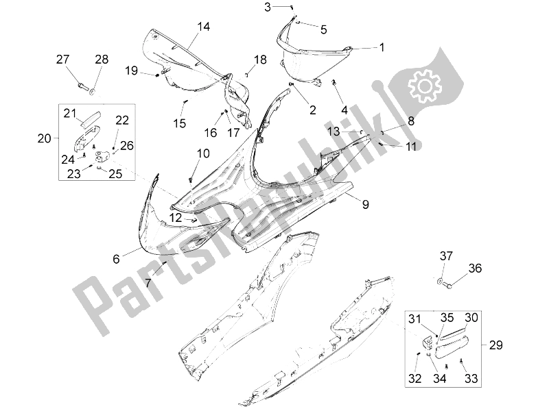 Todas las partes para Cubierta Central - Reposapiés de Piaggio FLY 150 4T E2 E3 Vietnam 2012
