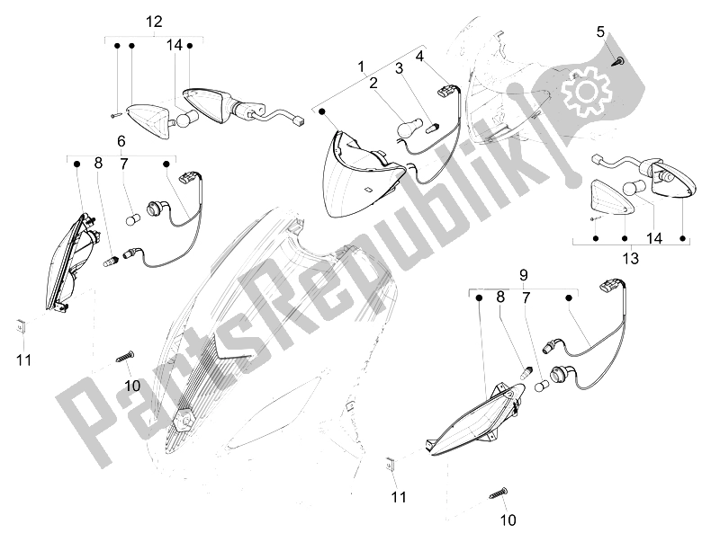 Alle onderdelen voor de Koplampen - Richtingaanwijzers van de Piaggio FLY 50 4T 4V USA 1 2014