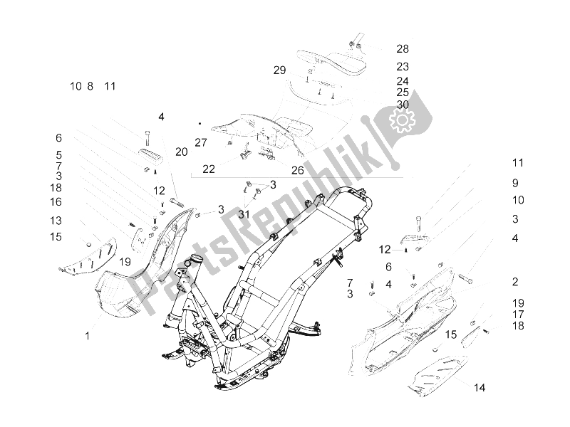 All parts for the Central Cover - Footrests of the Piaggio Beverly 300 IE Tourer E3 2009