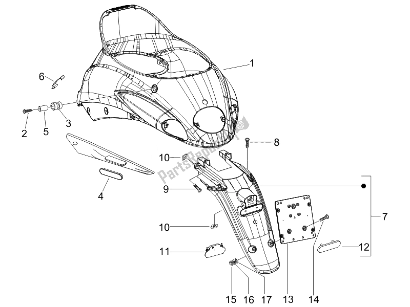 Toutes les pièces pour le Capot Arrière - Protection Contre Les éclaboussures du Piaggio Liberty 50 4T PTT D 2007