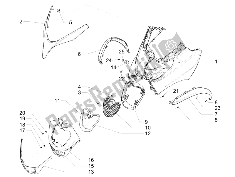 All parts for the Front Shield of the Piaggio MP3 500 LT Sport 2014