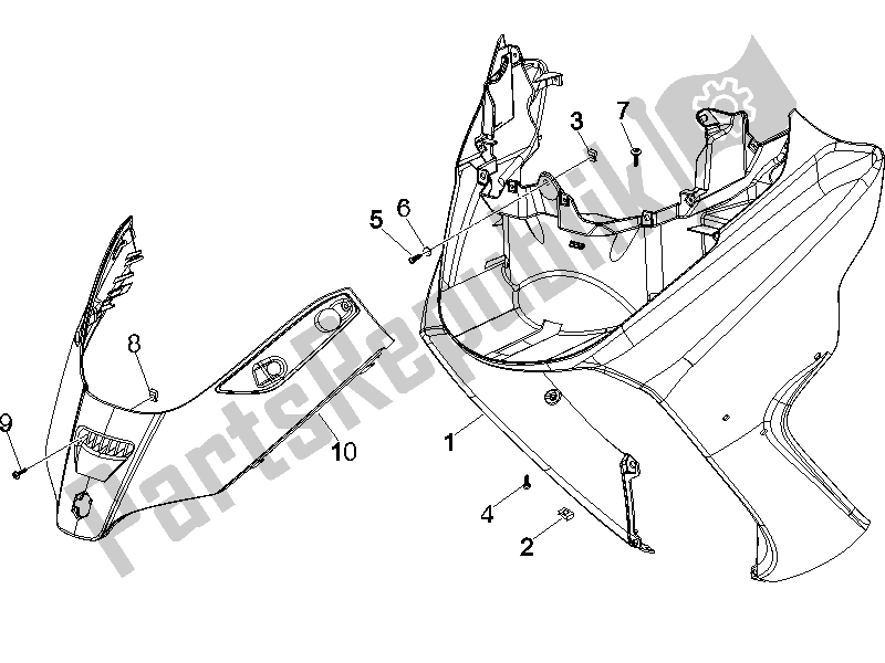 All parts for the Front Shield of the Piaggio X8 125 Potenziato UK 2005