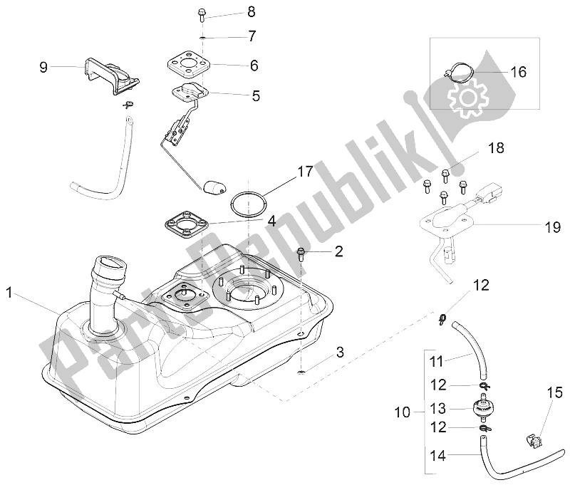 Toutes les pièces pour le Réservoir D'essence du Piaggio FLY 50 4T 2V 25 30 KMH 2016